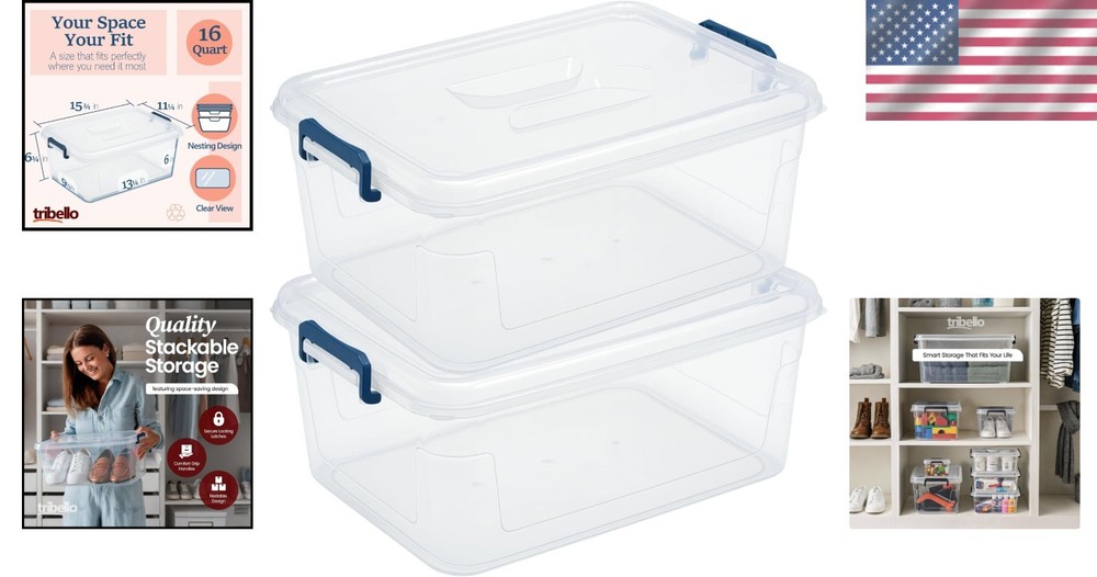 Durable 16 Quart Plastic Storage Bins with Lids - Space-Saving Design - 2 Pack