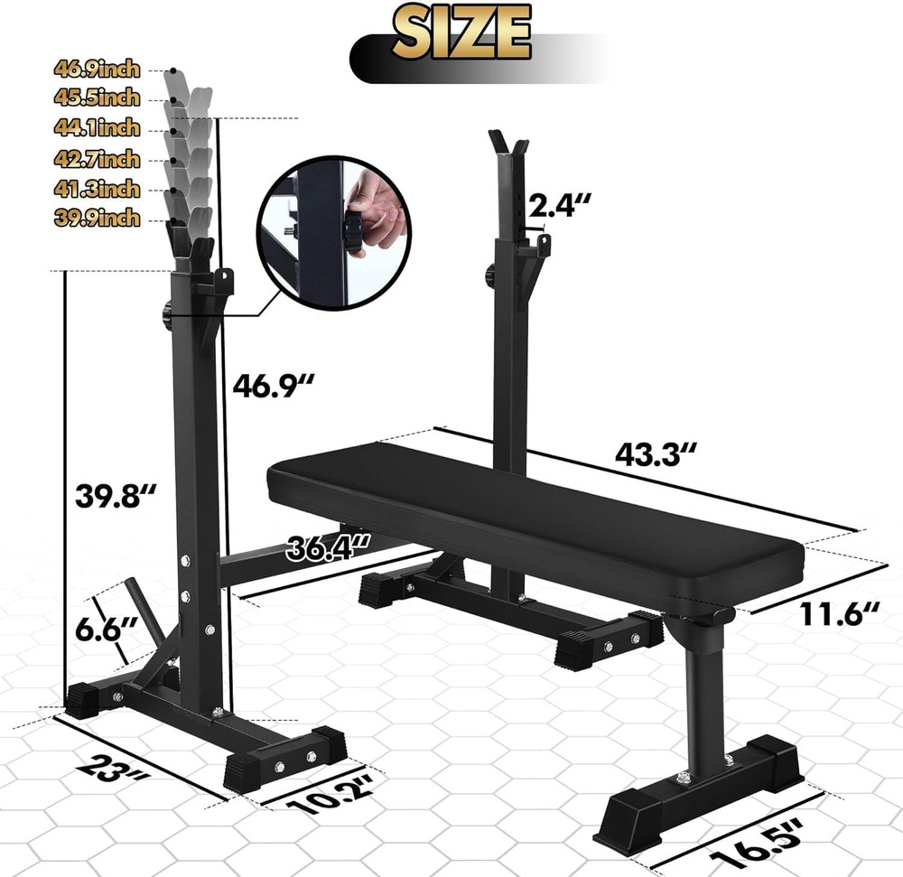 Bench Press, Olympic Weight Bench with Squat Rack Workout Bench Adjustable Barb