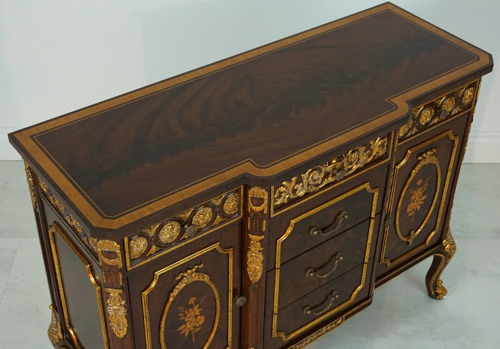 Stunning Server Sideboard Console Hand Carved Mahogany Gold Leaf and Inlay