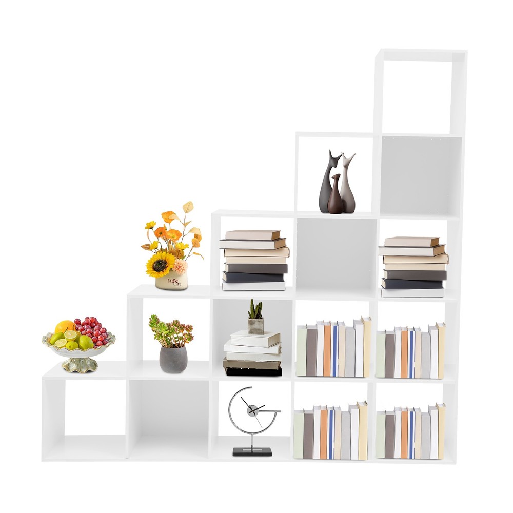 White Ladder Cube Storage Bookcase, L-Shaped Corner Shelf, 15-Cube Organizer