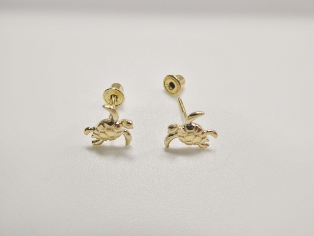 10K REAL SOLID YELLOW GOLD TURTLE SCREW BACK POST EARRINGS