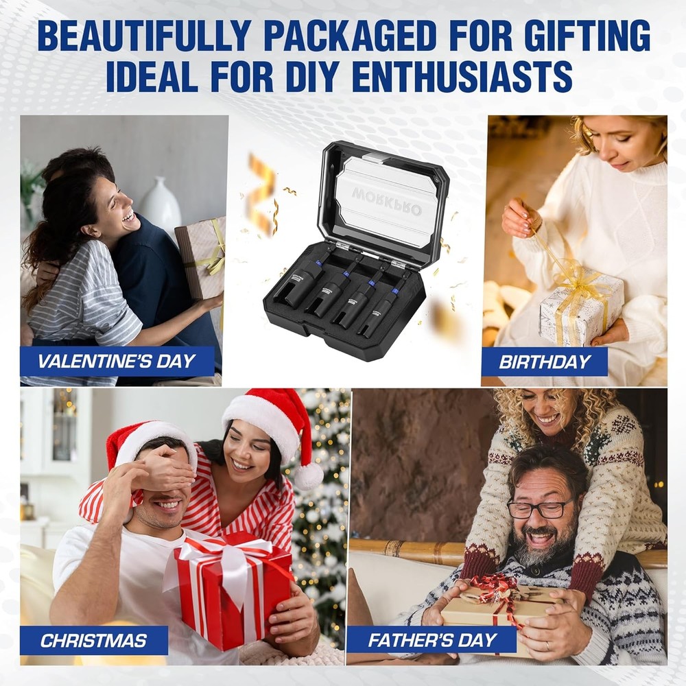 WORKPRO 4PCS Power Wing Nut Driver Bit 9-18mm Nut Wing Nut Socket 1/4" Hex Shank