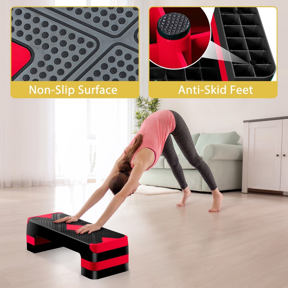 26.5" Aerobic Step Platform Adjustable Exercise Workout Stepper w/4 Risers Red