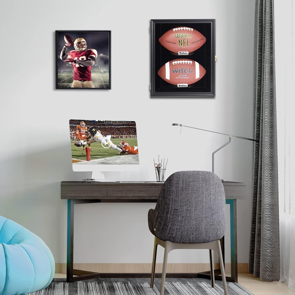2 Football Display Case Wall Mount Lockable Clear Double Ball Black, Black