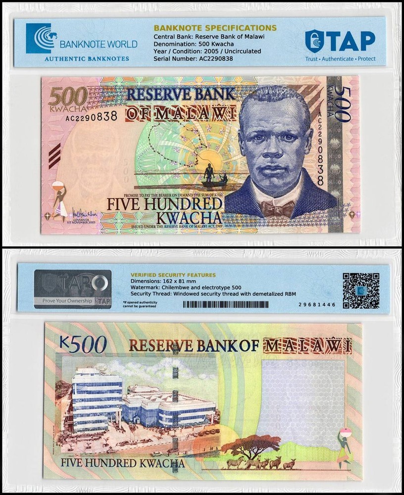 Malawi 500 Kwacha, 2005, P-56a, UNC, Authenticated