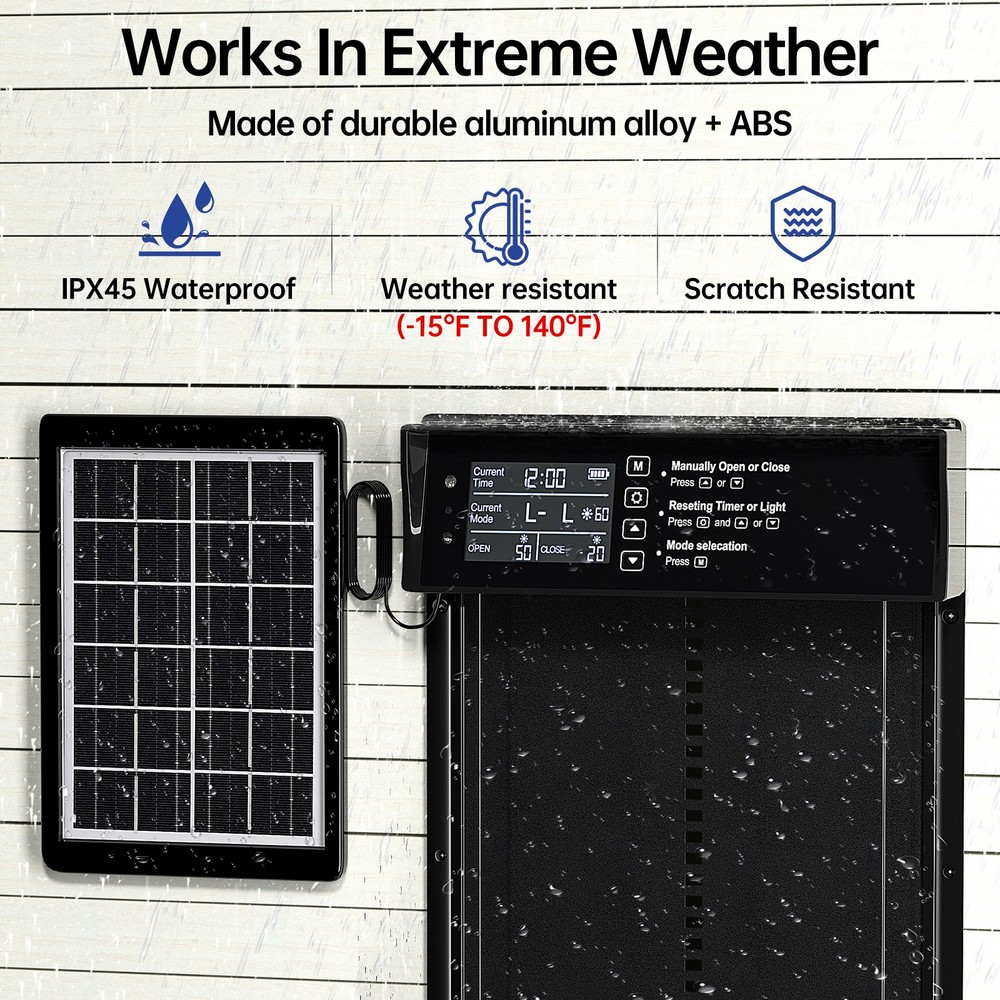 Solar Automatic Chicken Coop Door Poultry Gate Timer & Light Sensor & Anti-Pinch