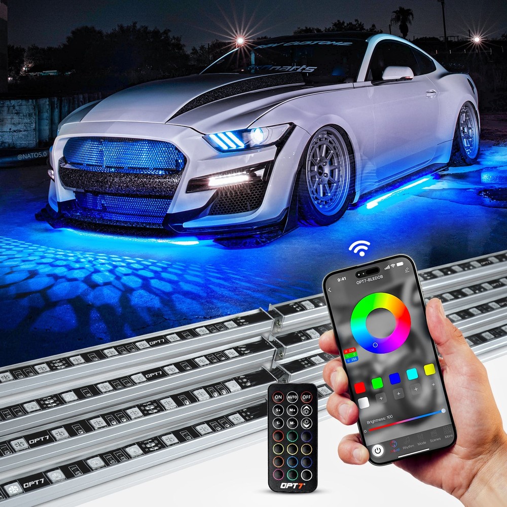 OPT7 Car LED Underglow Lighting Kit RGB Bluetooth APP + Remote Aluminum Bar