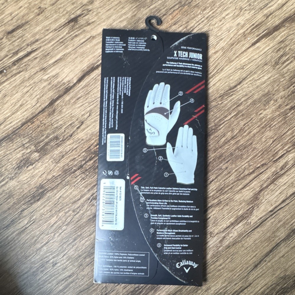 Callaway X Tech Junior Golf Glove White/Black/Red JB REG Maximum Flexibility