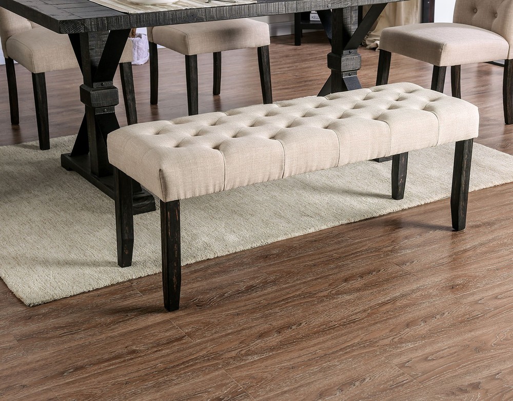 Classic Ivory 1PC BENCH Button Tufted Linen Like Fabric Solid wood Chair Uphol