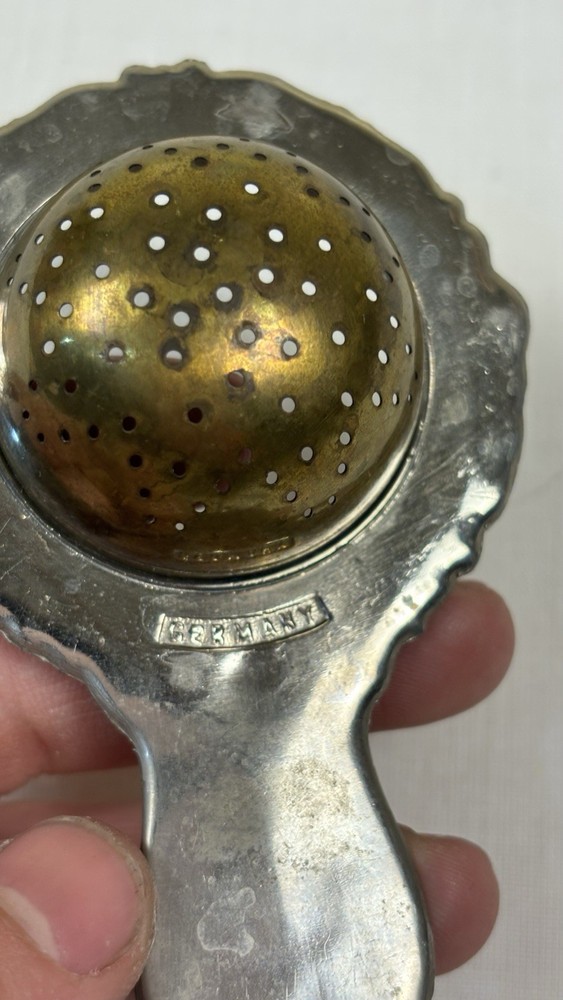 Ornate Metal Tea Strainer with Stand, Silver Brass, Germany, Round Pattern