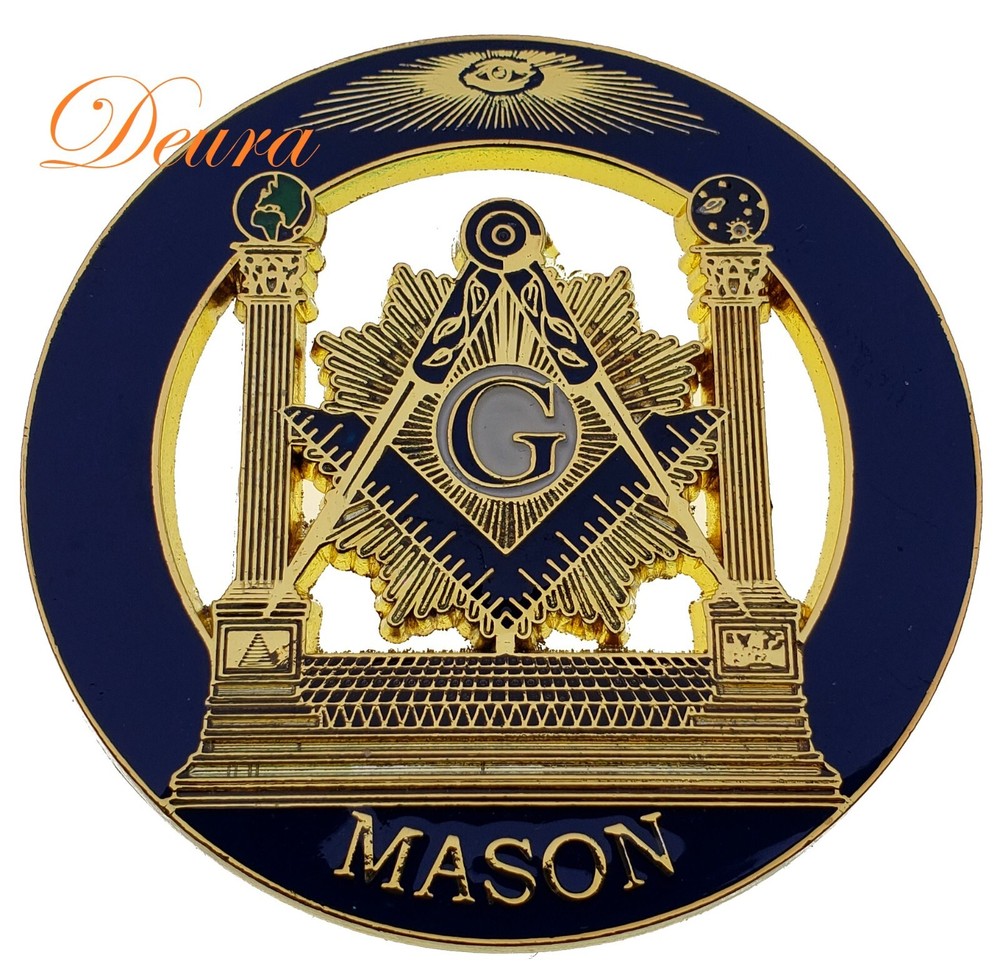 Master Masonic Mason MMM Blue Gold Car Emblem 3"