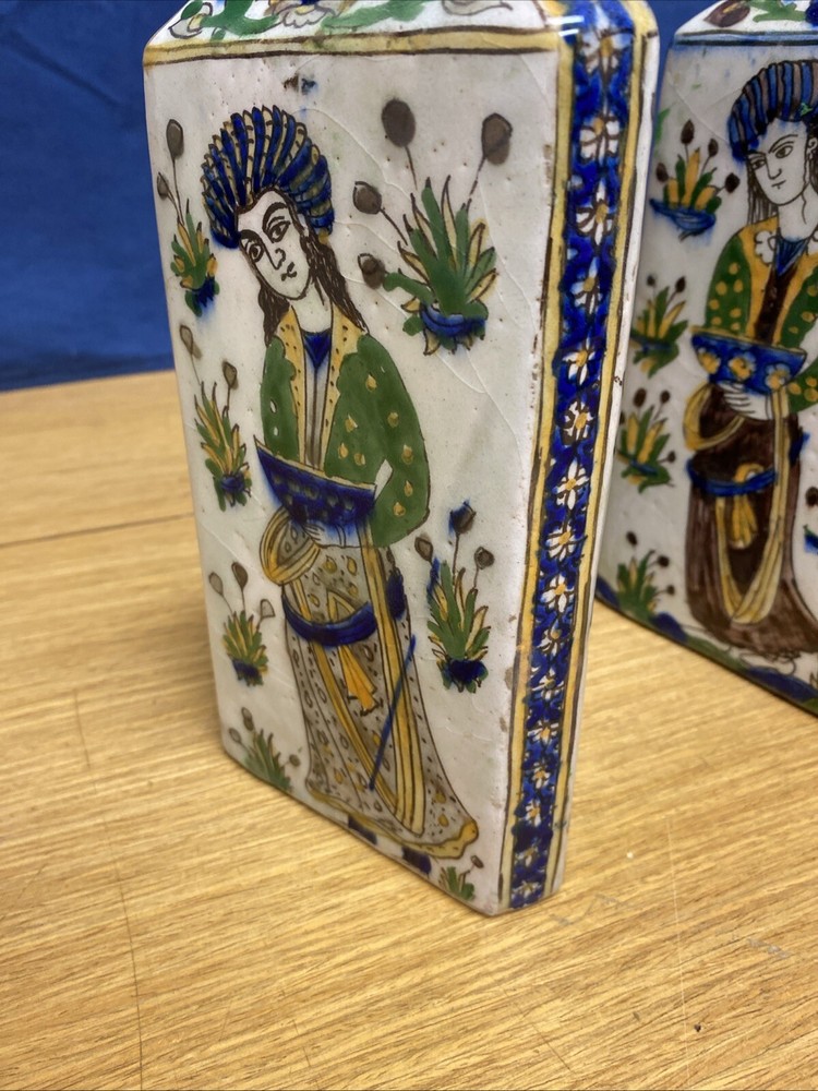 2 Antique Persian Qajar Pottery 9” Triangular 19th Century Vases