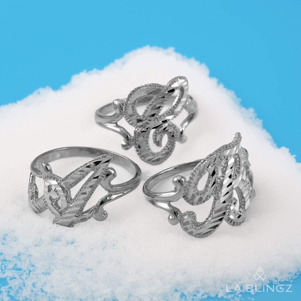 Elegant Sterling Silver Sparkle-Cut Cursive Letter Initial Script Ring for Women