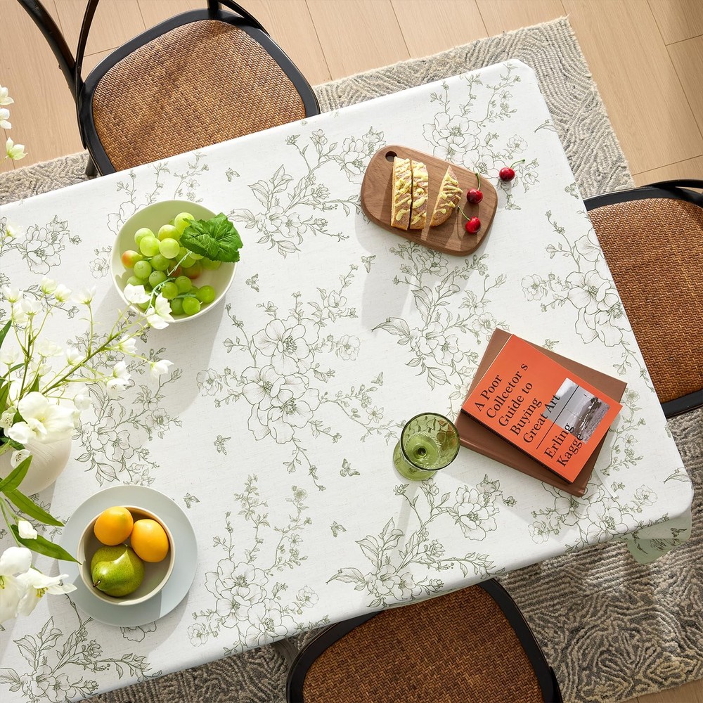 French Floral Tablecloths Rectangular Linen Table Cloth with Green Flowers Pa...