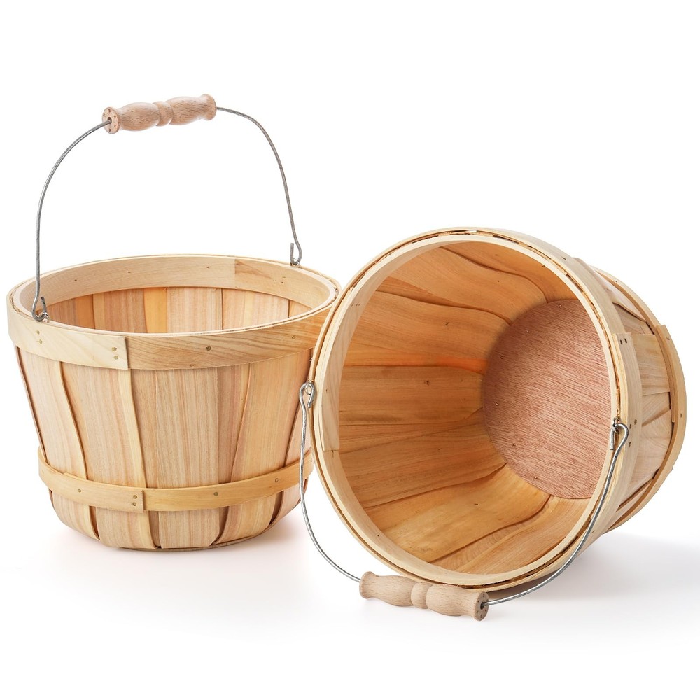 2 Pack Round Wooden Baskets With Handle Empty Fruit Buckets Natural Decor Bin