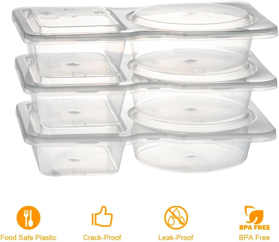 50 Pack Double Compartment Condiment Container with Lid, 5oz Disposable Clear