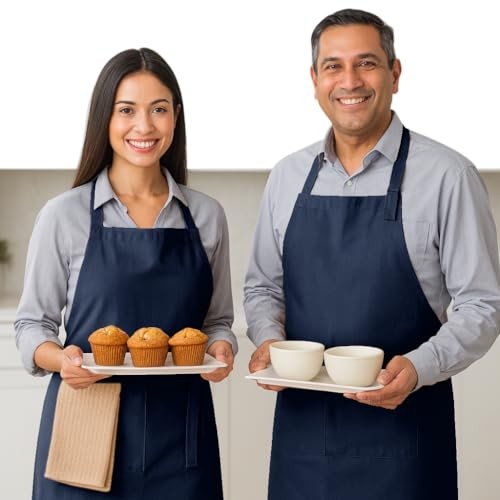 Kitchen Apron 2 Pack - 100% Cotton Adjustable, Durable Apron with Navy Blue