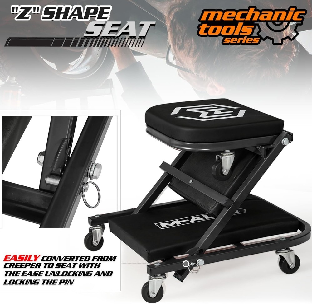 Foldable Z Creeper 2-in-1 Rolling Folding Car Creeper & Seat, 36" Adjustable