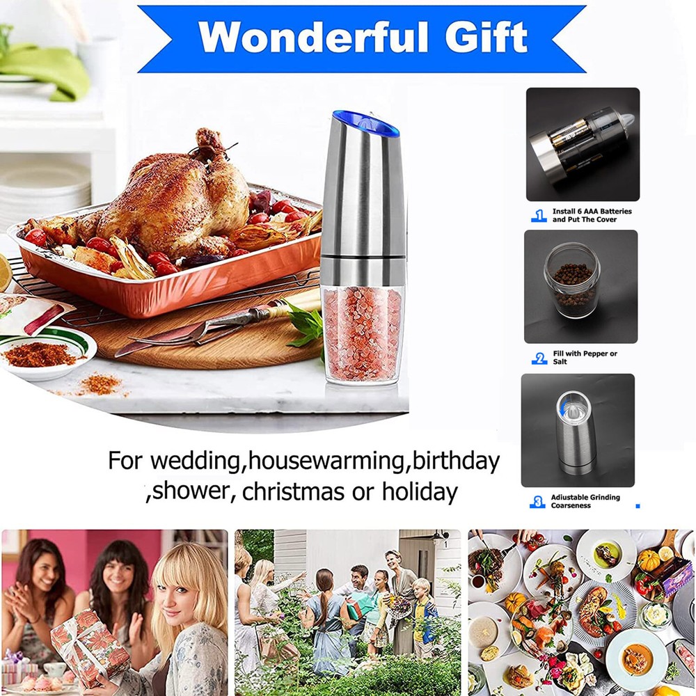 2PACK Electric Salt And Pepper Grinder Mill Set Gravity Sensor Stainless Steel