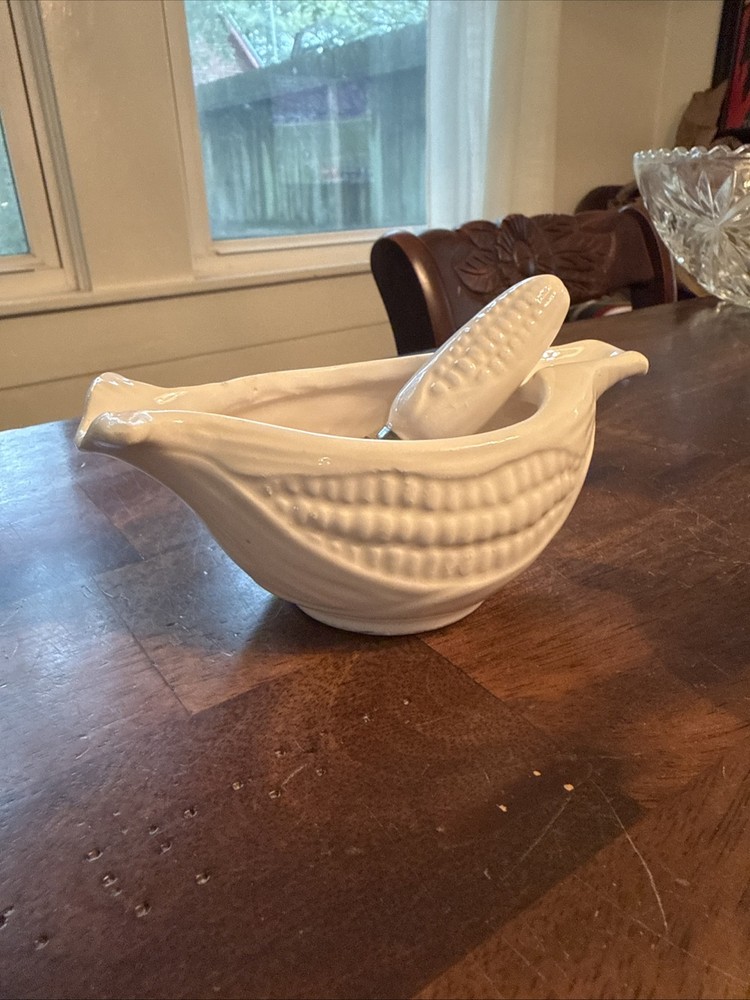 Vintage White Ceramic Corn Butter Dish with Mini Baster