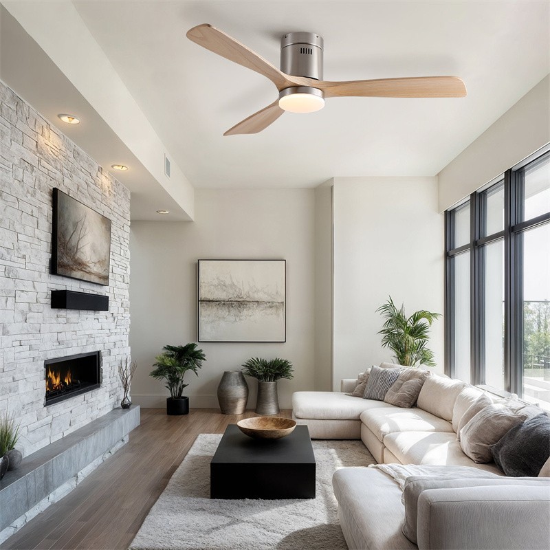 52" Modern Flush Mount Solid Wood Ceiling Fan Reversible w/Wall Switch/Remote