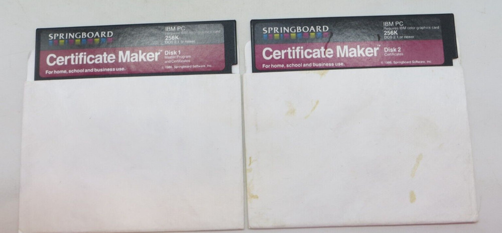 Certificate Maker 5.25" Floppy Disks IBM PC DOS 2.1 1986 Springboard Software