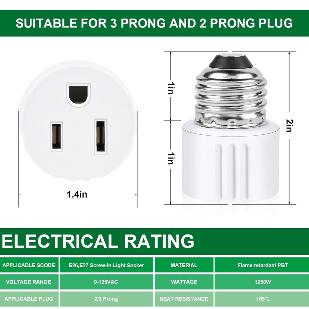 Outlet Light Socket Adapter, E26 Light Bulb to Plug Converter