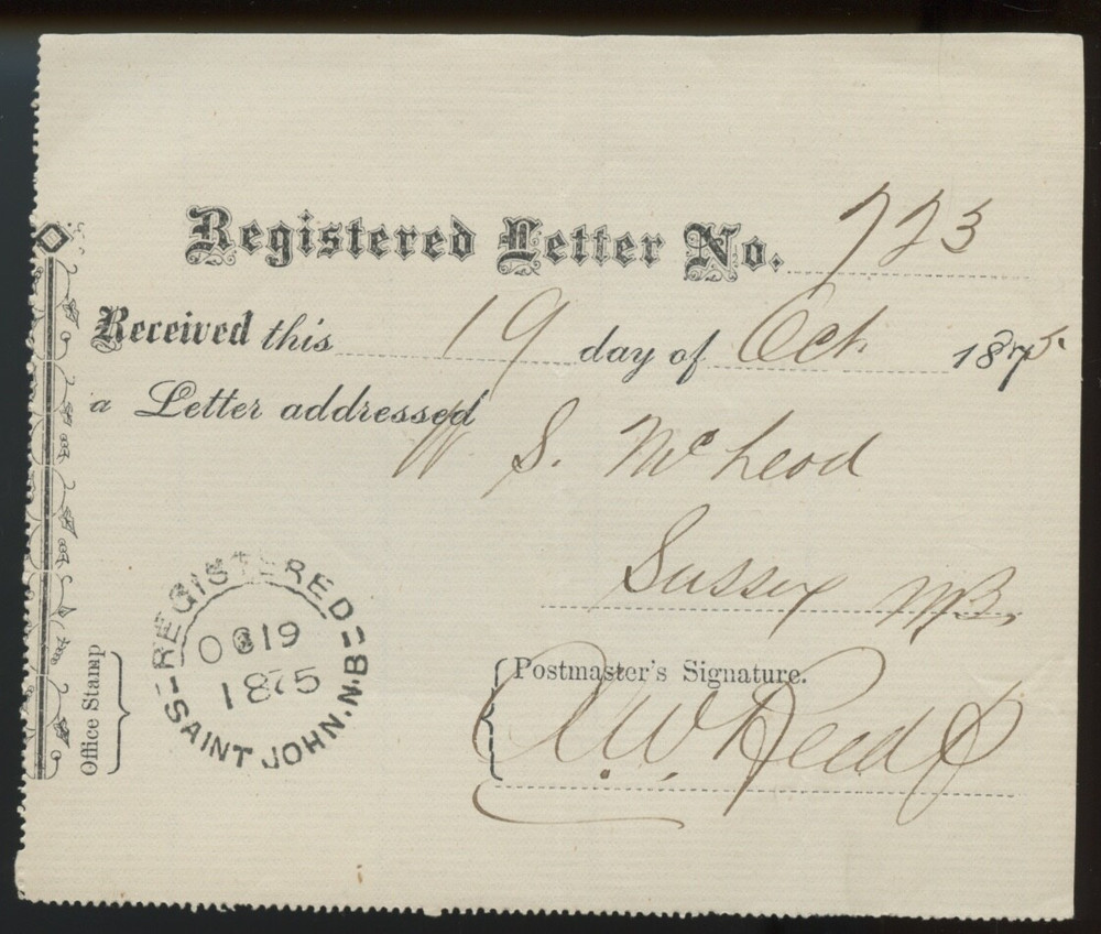 🍁 1875 Registered LETTER receipt Saint John, N.B. nice Canada