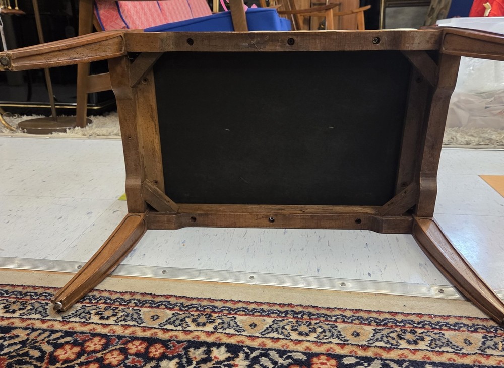 Vintage 1950s walnut bench, professionally upholstered.