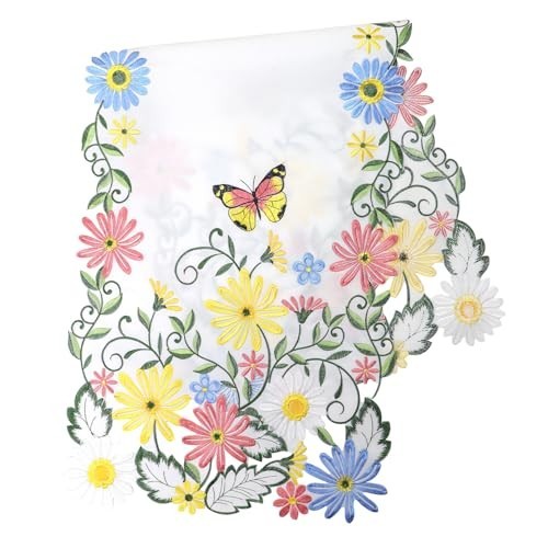 Spring Table Runner Embroidered Floral White Daisy 36 Inches Long Easter Seasona