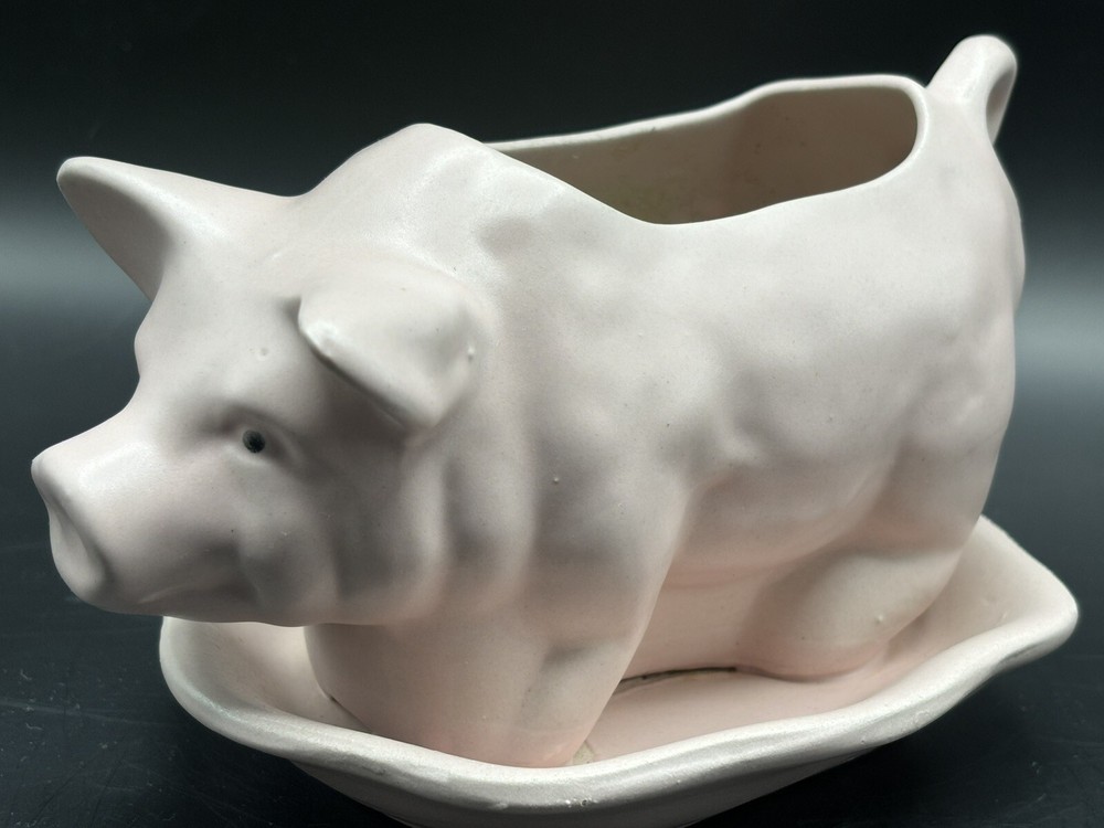 Vintage Pink Pig Planter Attached Drain Dish 7 1/4”