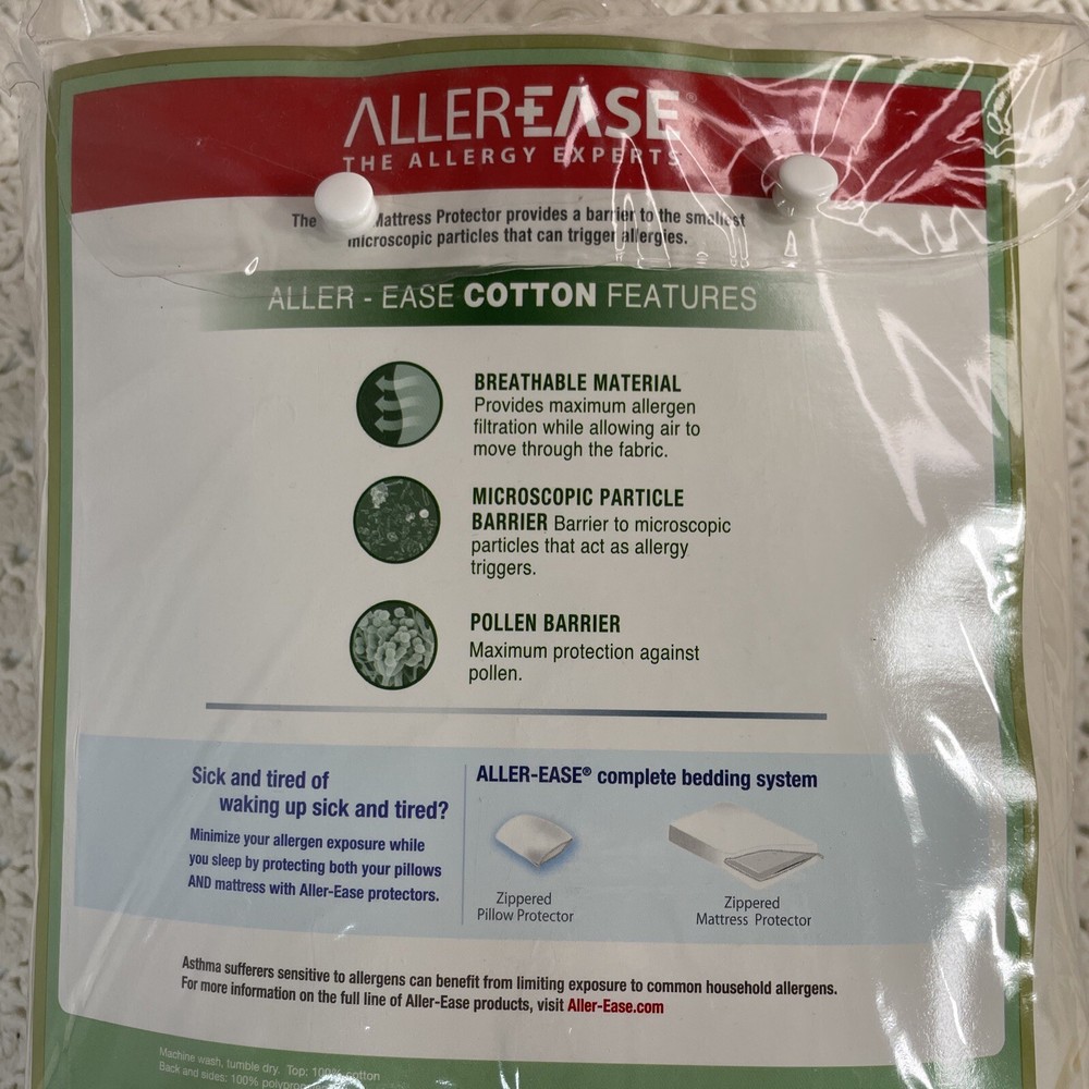 Allerease 100% Cotton Allergy Relief Zippered Mattress Protector, King NEW
