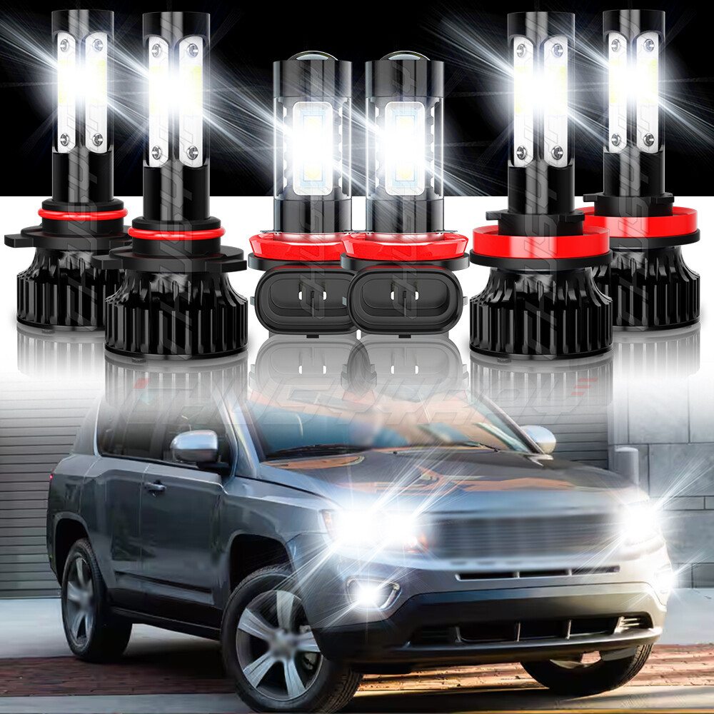 6000K For Jeep Compass 2016-2020 6Pcs LED Headlight Kit Hi/Low Beam +Fog Bulbs