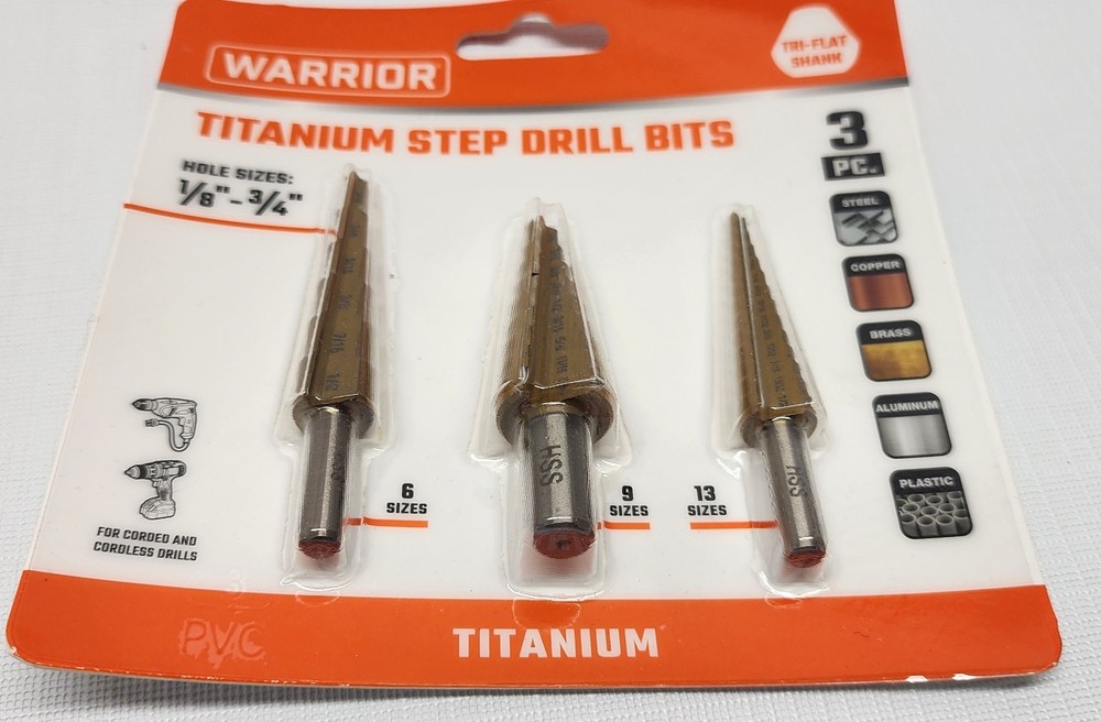 WARRIOR 3pc Titanium Step Drill Bits #91616 New Sealed
