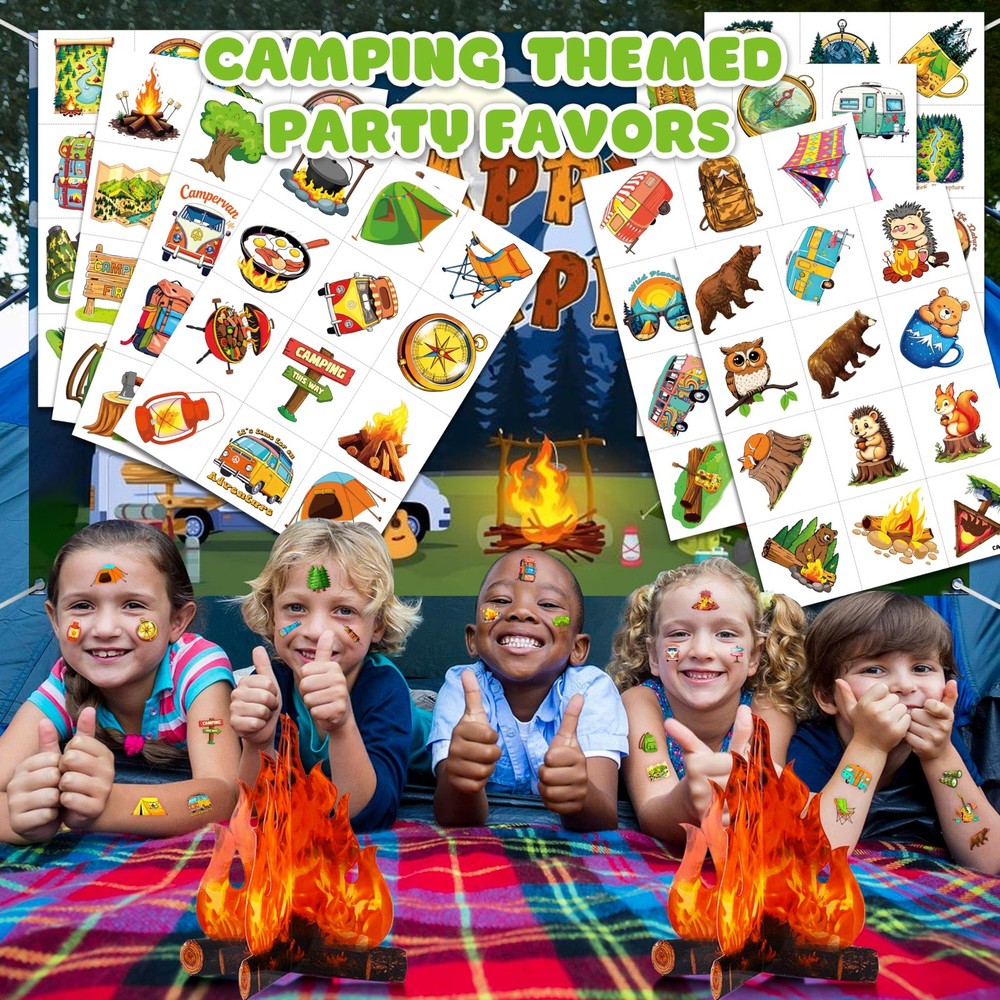 96PCS Camping Camp Camper Campfire Pre-Cut Temporary Tattoos Medium, multiple