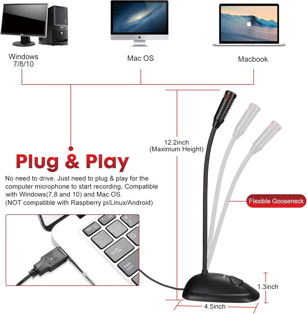 Perrycom USB Computer Microphone, Plug&Play Cardioid Condenser PC Laptop Mic, On
