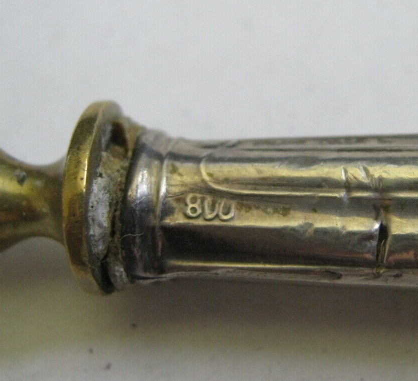 c. 1900 German 800 Silver Handle Brass 6 1/4" Trident Fork, Leaves & Berries