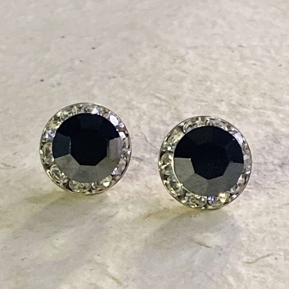 Vintage Back Iridescent Crystal Pierced Earrings Silver Tone