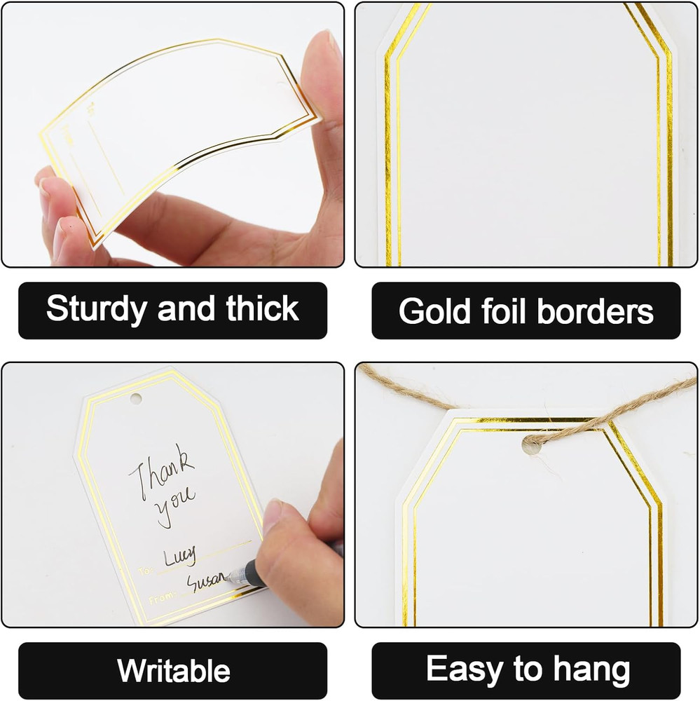 Gift Tags with String, Gold Foil Gift Name Tag, 100PCS to and from Tags, Writabl