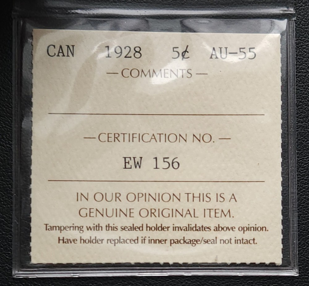 1928 Canada 5-Cent Nickel ***ICCS Graded AU-55*** Sharp Details