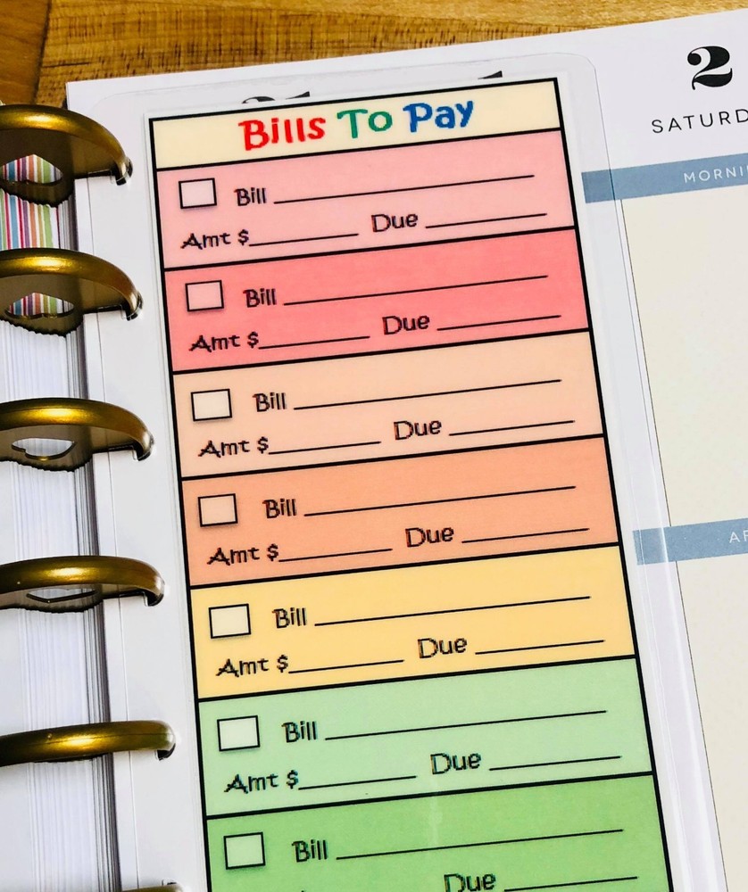 Bills to Pay Rainbow Two Sided Short Dashboard for use with ClassicHappy Planner