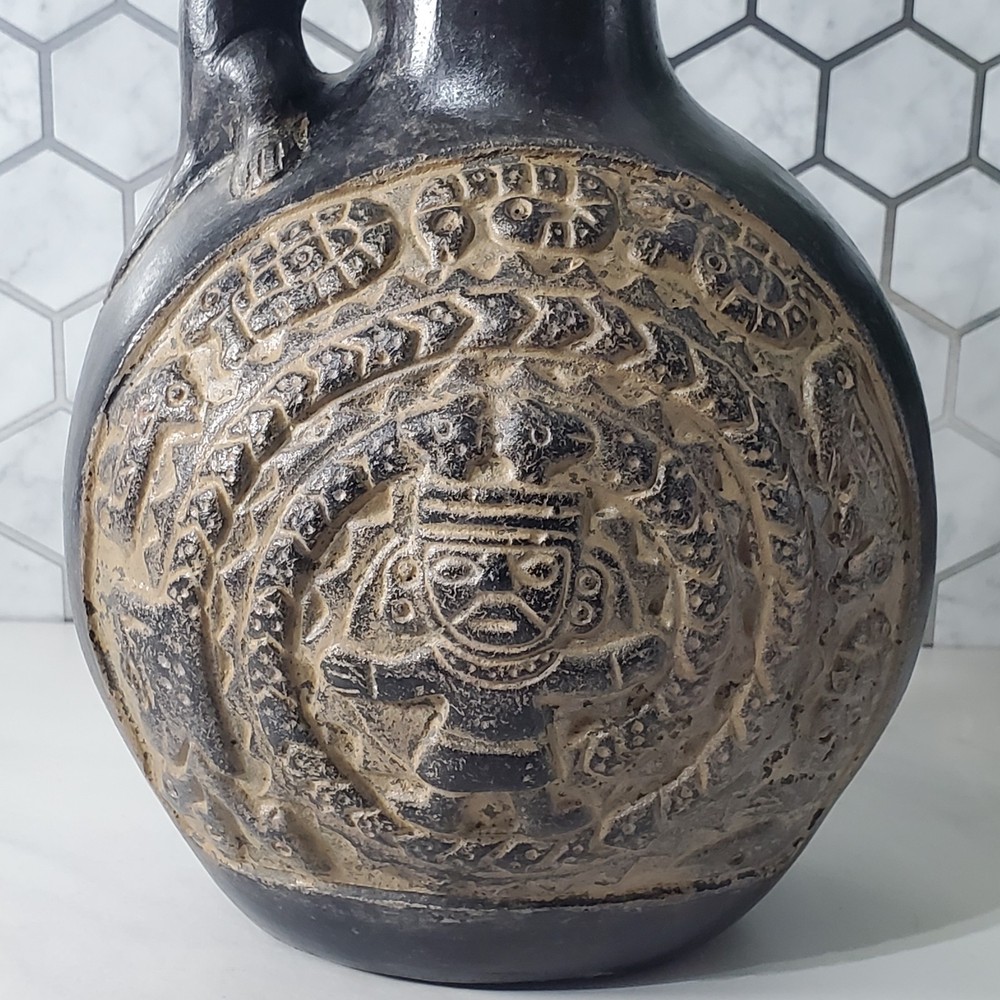Pre Columbian Chimu Peruvian Blackware Serpent Monkey Vessel Replica