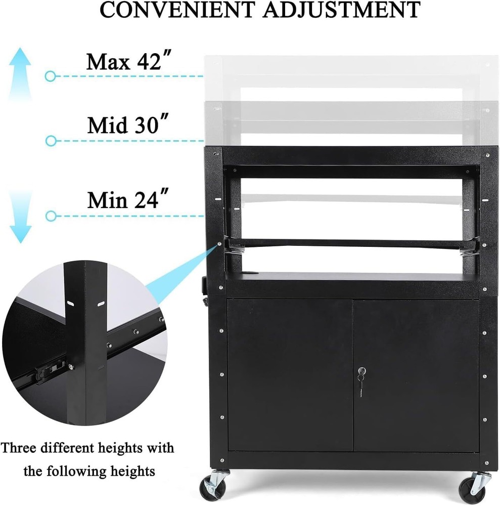 Rolling AV Cart with Extra Storage Adjustable Height Cart with Locking Cabinet