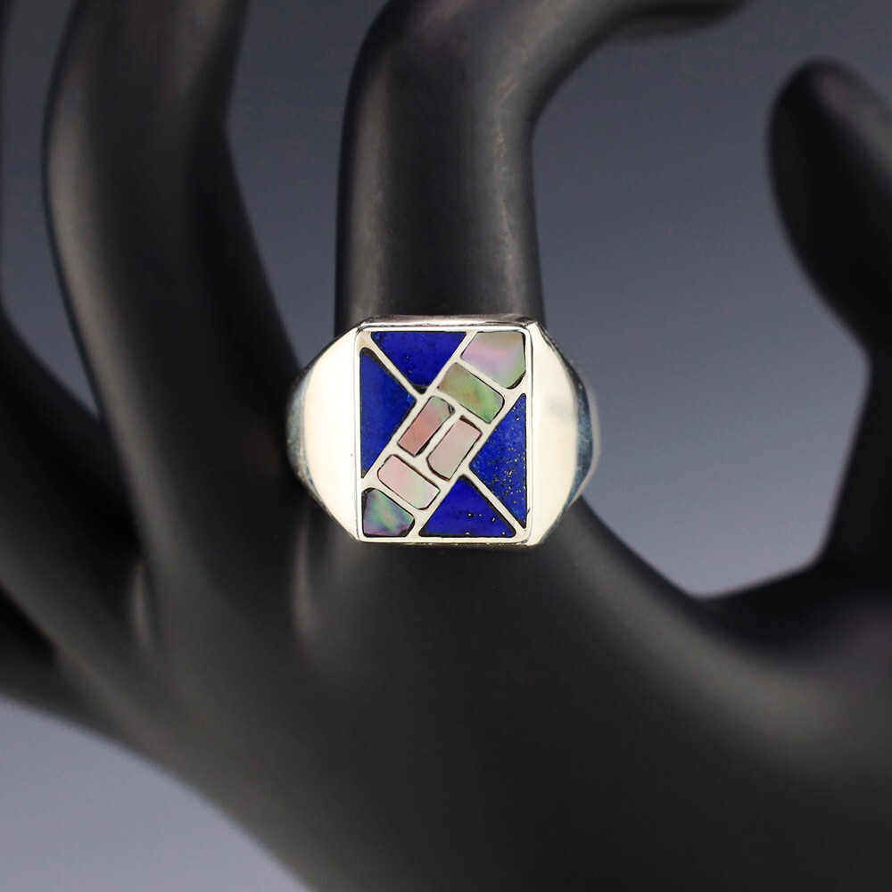 NATIVE AMERICAN ZUNI LAPIS & SHELL RING BY NANCY & SHELDON WESTIKA
