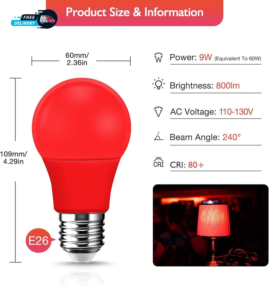 LED Red Light Bulb 60W Equivalent, A19 LED E26 Base Red Color Light Bulbs