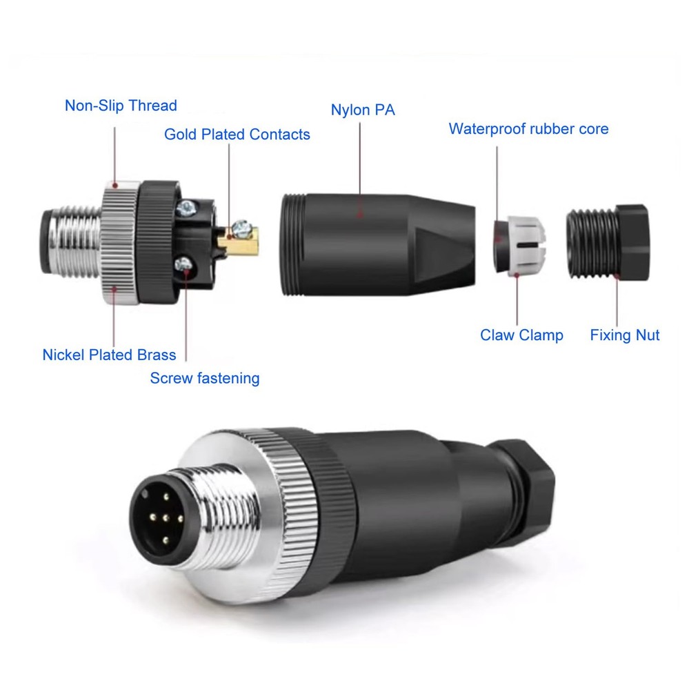 M12 5 Pin Male A Code Circular Aviation Plug Industrial Sensor Connector Wate