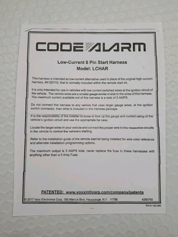 CODE ALARM LCHAR LOW CURRENT 6 PIN START HARNESS