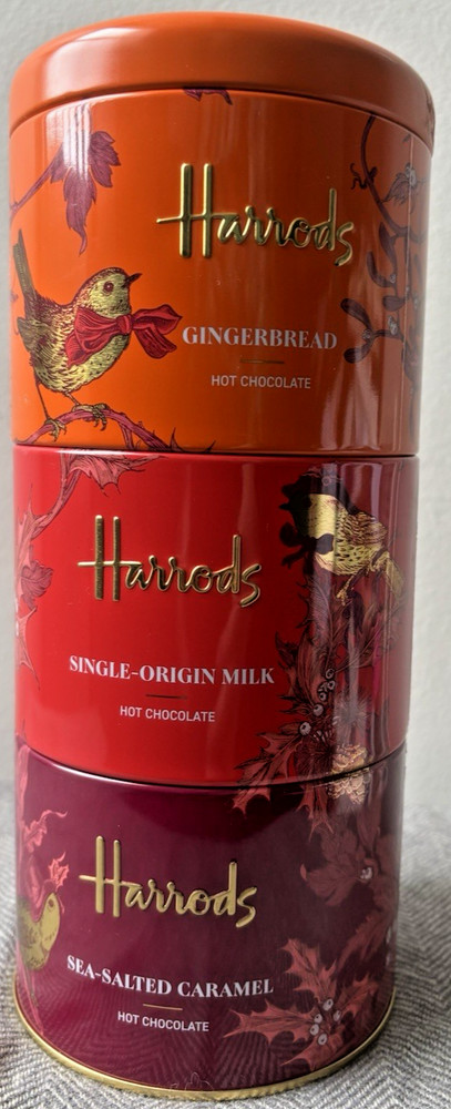 New Harrods Assorted 3 Flavors Hot Chocolate in Stackable Tins 9" High