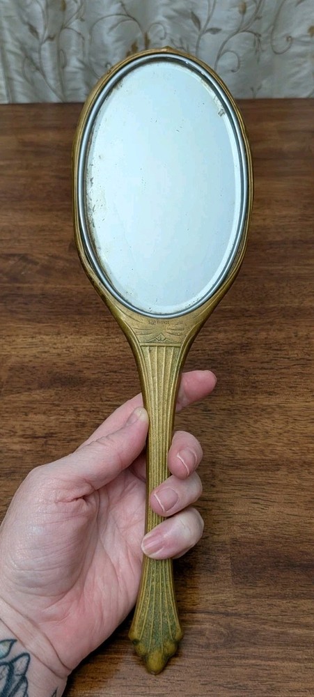 Antique Victorian Hand Held Vanity Mirror Engraved Initials