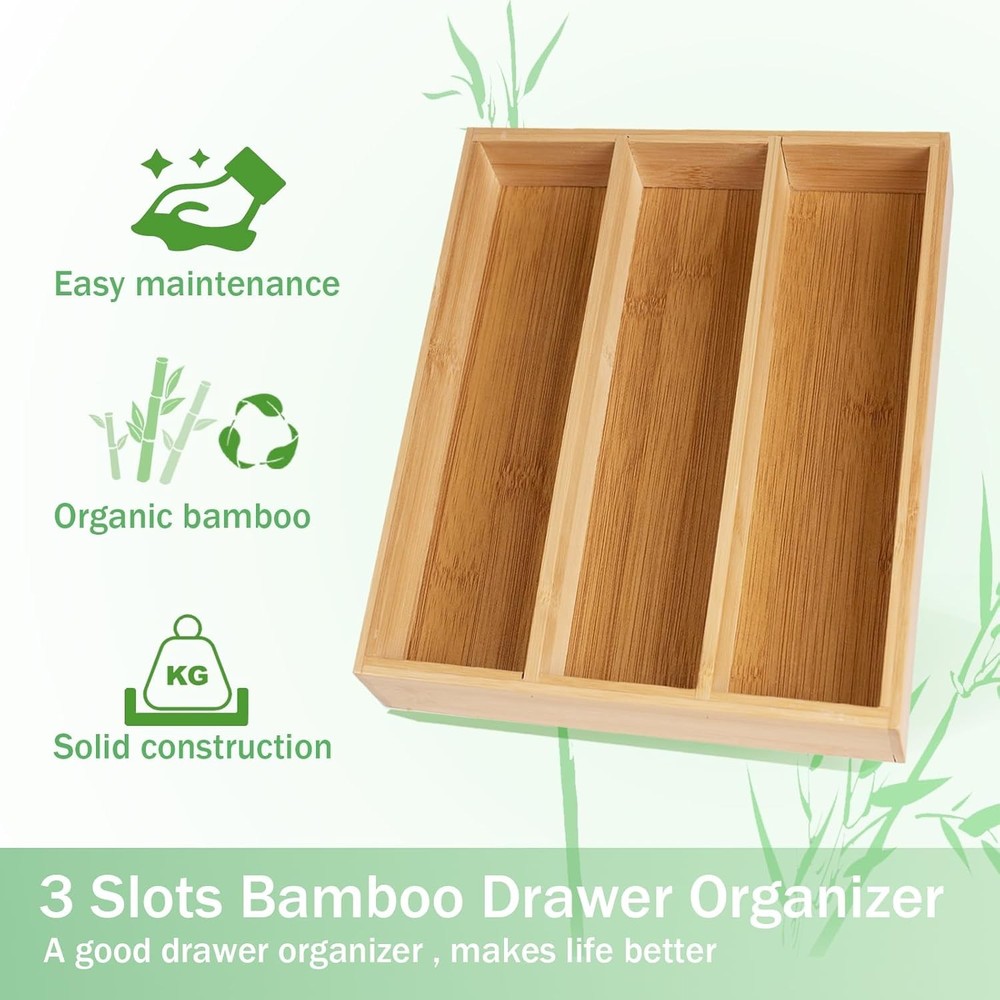 Silverware Organizer Bamboo Kitchen Drawer 3 Compartments, Natural